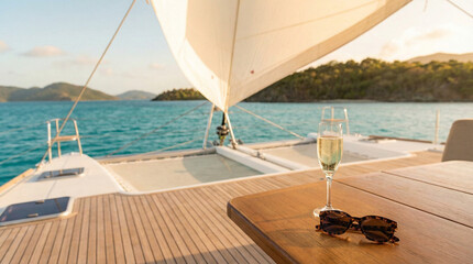 夕暮れ時のヨットのデッキとシャンパン