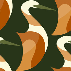 Cotton fabric Seamless pattern with stylized abstract mallard duck and heron birds in mid century modern style with earthy brown and sage green colors for textile wallpaper and home decor backdrop