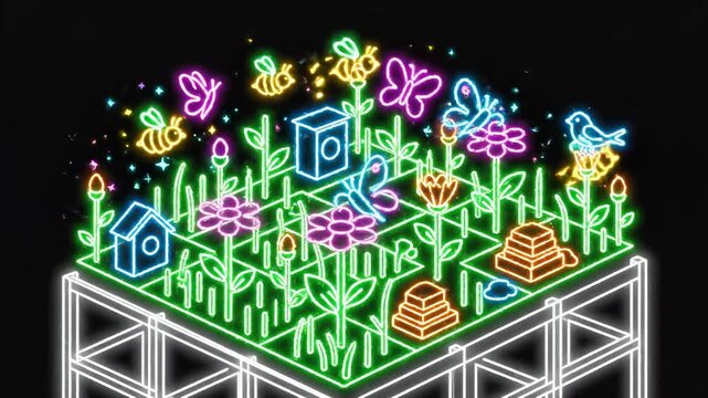 Neon Isometric Rooftop Farm Garden At Night.