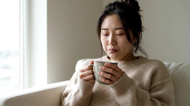 The video segment captures a woman relaxing indoors, wearing a cozy sweater, as she carefully sips a hot beverage from a mug, savoring the warmth and flavor in a moment of quiet reflection by a windo