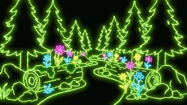 Neon Forest Pathway Through Glowing Trees And Flowers.