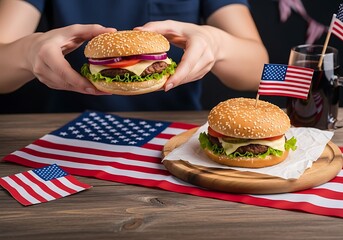 Delicious Cheeseburgers Held by Hands Ready for Patriotic Holiday Celebration Meal.