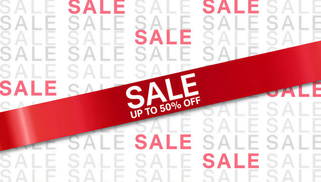 Vibrant Red Sale Ribbon with 'Up to 50% Off' Discount Text on Repeating Promotional Background Pattern