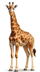 Naklejka premium Cartoon giraffe standing. Light brown with darker spots on body. Tail swishing. Antlers and ears visible
