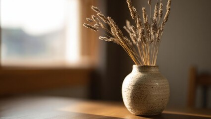 Naklejka premium Dried grass stems in a speckled ceramic vase on a sunlit wooden table. Concept Dried grass stems, Speckled ceramic vase, Sunlit wooden table, Rustic minimalism, Neutral decor