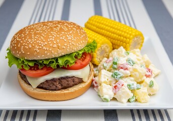 Hearty Cheeseburger Meal Served with Creamy Potato Salad and Boiled Corn