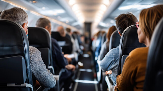 Passengers seated in economy row, commercial flight during mid-journey, inside airplane cabin, airline travel scene, people in seats, air transportation interior, faceless - Powered by Adobe