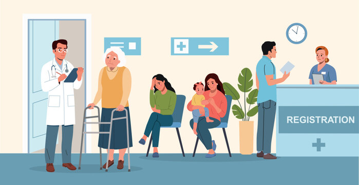 Patients waiting at hospital reception desk with doctor and nurse, healthcare clinic interior. Vector flat style cartoon illustration