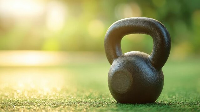 A black kettlebell resting on green grass outdoors with warm sunlight in the background. Concept Outdoor Fitness, Kettlebell Training, Sunlit Grass, Golden Hour Photography