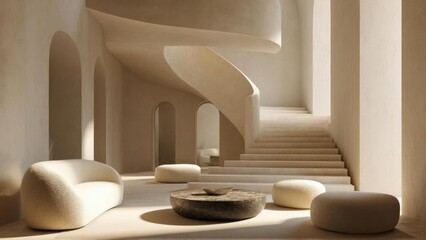 A sculptural beige interior with a curved spiral staircase, arched doorways, and soft rounded poufs around a low stone table. Concept Sculptural beige interior, Curved spiral staircase