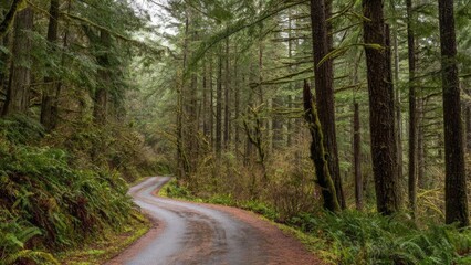 Obraz premium A winding, damp forest road curves through a mossy evergreen forest with ferns along the sides. Concept Winding damp forest road, Mossy evergreen forest, Ferns along the sides