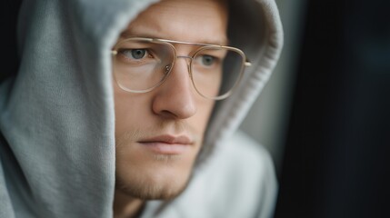 Close-up portrait of a hacker’s face partially hidden by a hood, reflected monitors in their glasses showing simulated breach alerts, LED-lit server cabinets framing the scene with technical grit.
