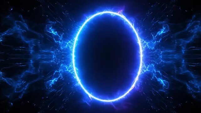 A glowing blue neon ring of energy and particles forms a magical portal or futuristic frame on a dark background