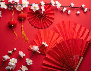 Traditional Chinese Red Fans and Lanterns with Blossoms.