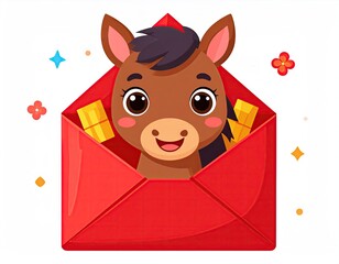 Cute Cartoon Horse Peeking Out Red Envelope Illustration.