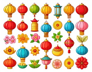 Colorful Traditional Chinese Lanterns and Floral Decorations.