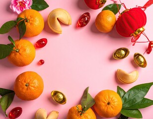 Fresh Mandarin Oranges and Fortune Cookies on Pink Background.