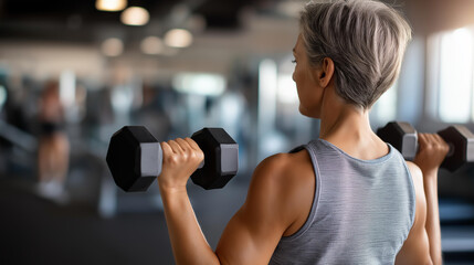 Obraz premium Mature wellness gym initiation, improved health and lifestyle goal, adult fitness beginning, middle-aged exercise start, wellness journey commencement, healthy habits development,