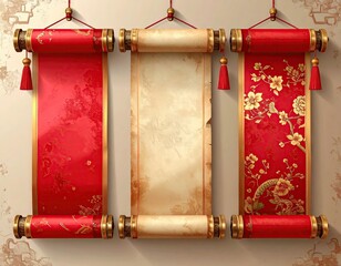 Traditional Asian Decorative Scrolls Hanging on Wall.