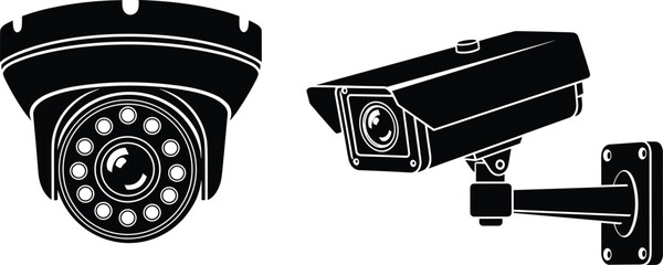 Black and white CCTV security camera illustration set isolated on white background, dome and bullet surveillance cameras for safety monitoring systems © Moslama