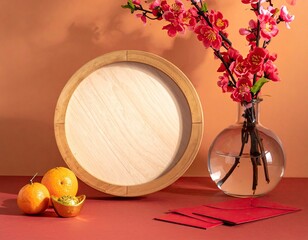 Decorative round frame with flowers and oranges on table.