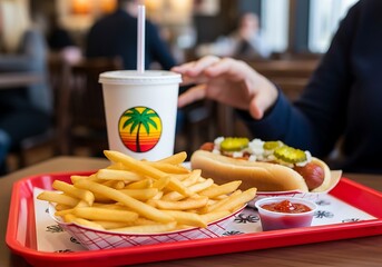 Classic American Fast Food Meal Featuring Hot Dog, Fries, and Beverage.