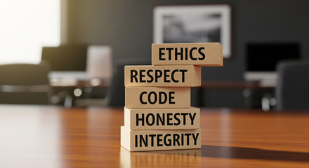 Ethical business practices and core values concept with wooden blocks. This image represents the importance of ethics, respect, and integrity in the workplace