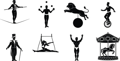 Black and white circus silhouette illustration set featuring acrobats jugglers lion unicycle rider ringmaster strongman and carousel horse icons © Moslama
