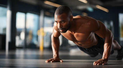 Muscular athletic person performing pushups at gym, strength training exercise, upper body workout, fitness floor routine, athletic dedication display, bodyweight exercise