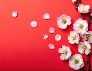White Cherry Blossom Flowers Against Red Background.