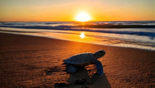 Sea turtle silhouette against a vibrant sunset on a sandy beach.