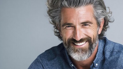 Obraz premium An older man with gray hair and a beard, wearing a blue shirt, smiling warmly. Concept Warm Senior Portrait, Gray-haired Gentleman, Blue Shirt, Happy Smile, Classic Portrait