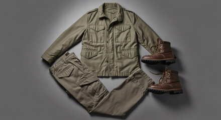 Stylish Men's Military Utility Outfit MockUp featuring Field Jacket, Cargo Pants, and Leather Boots - Fashion Apparel Flat Lay Concept