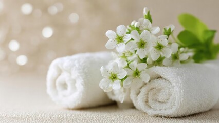 Two white rolled towels with a small bouquet of white blossoms and green leaves resting on a soft beige spa surface. Concept Spa towels, White blossoms, Green leaves, Beige spa surface