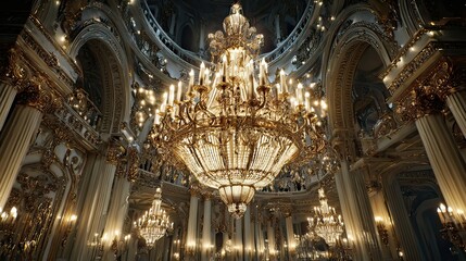 Majestic chandelier illuminates grand hall with ornate architecture and intricate details in a luxurious setting viewed from below