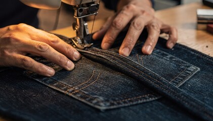 Closeup medium shot of skilled hands performing heavyduty stitching on skinny denim jeans highlighting precise topstitching and sleek pocket detailing.