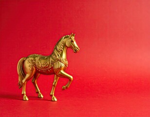 Golden Horse Figurine Against Red Background.