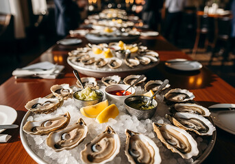 Fototapeta premium Fresh oyster platter with lemon and sauces on a wooden table