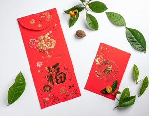 Traditional Chinese Red Envelopes with Green Leaves Decoration.