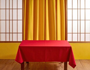 Empty Table with Red Cloth in Traditional Japanese Room.