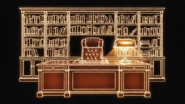 Neon glowing desk and library silhouettes in motion.