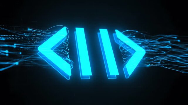 Glowing blue coding symbols on a dark background with neon-like lines and dots, conveying a technological and futuristic mood.