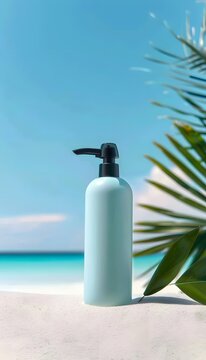 Sunscreen Lotion Bottle on Tropical Beach with Palm Leaf