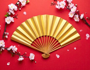 Golden Hand Fan with Cherry Blossoms on Red Background.