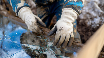 Ultra-detailed shot of rubberized work gloves breaking ice free from a frozen drainage system, visible cracks forming in the ice, crisp winter textures, subdued color palette, focu