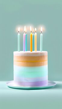 Colorful Birthday Cake with Lit Candles on Pastel Background