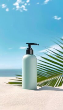Sunscreen Lotion Bottle on Tropical Beach with Palm Leaf