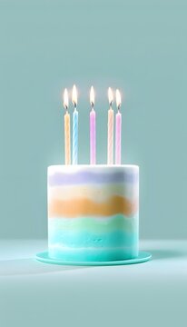 Colorful Birthday Cake with Lit Candles on Pastel Background