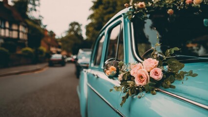 Turquoise vintage car with a pink rose bouquet and greenery decor for a wedding. Concept Turquoise vintage car, Pink rose bouquet, Greenery decor, Wedding photography, Elegant wedding styling