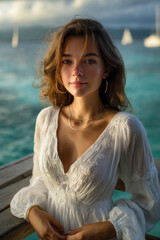 Fototapeta premium sunlit young woman on wooden pier, flowing white dress by turquoise sea, confident female portrait in golden hour, elegant young woman with freckles outdoors